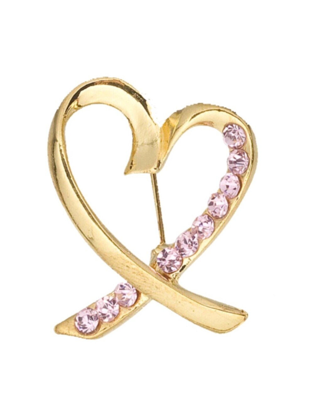 Gold 14K Plated Modern Pink Ribbon Egyptian Crystal Open Heart Lapel Pin Brooch